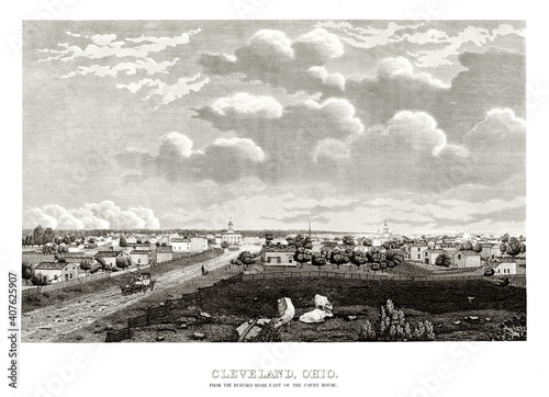 Old view of Cleveland, Ohio, from Buffalo Road to horizon. Highly detailed vintage style gray tone illustration by unidentified author, U.S., 1834
