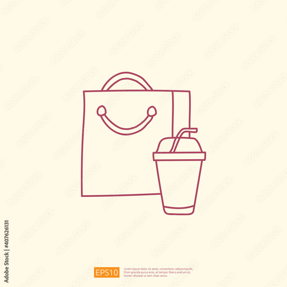 takeaway meal box with drink cup icon concept. takeaway food line doodle style icon vector illustration
