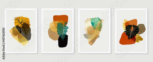 Botanical wall art vector set. Golden foliage line art drawing with  abstract shape.  Abstract Plant Art design for wall framed prints, canvas prints, poster, home decor, cover, wallpaper.