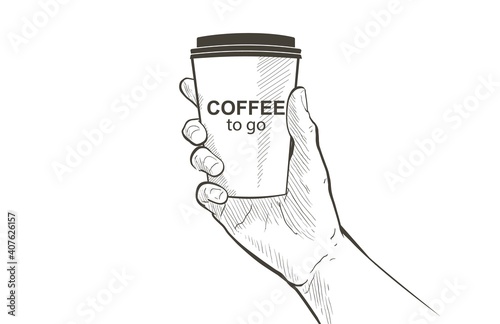 Vector hand Holding a takeaway hot Coffee paper cup. Drinking cappuccino espresso to go. Coffee break at the cafe shop