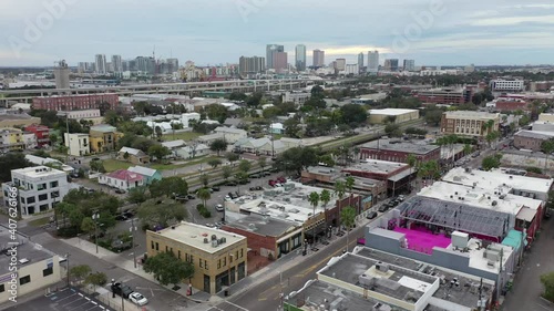 Tampa, Florida,  USA - July 1, 2020 : Ybor City in Tampa is one of three historic Landmark Districts in the state of Florida. Shot during the 2020 COVID Pandemic.
