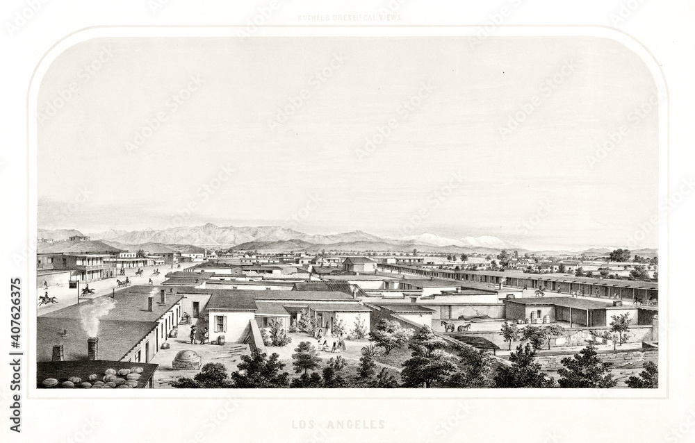 Large central perspective of Los Angeles, California, with roofs of low houses going to horizon. Highly detailed vintage style gray tone illustration by Kuchel and Dresel, U.S., 1857