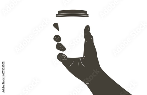 Vector hand Holding a takeaway hot Coffee paper cup. Drinking cappuccino espresso to go. Coffee break at the cafe shop