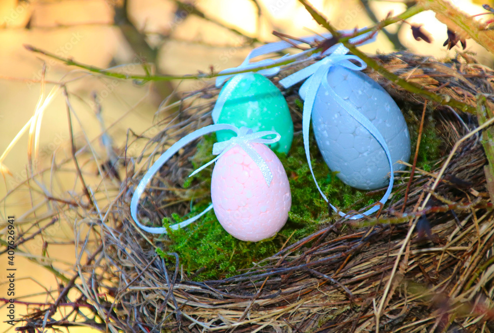 Obraz premium nest mit ostereier im garten