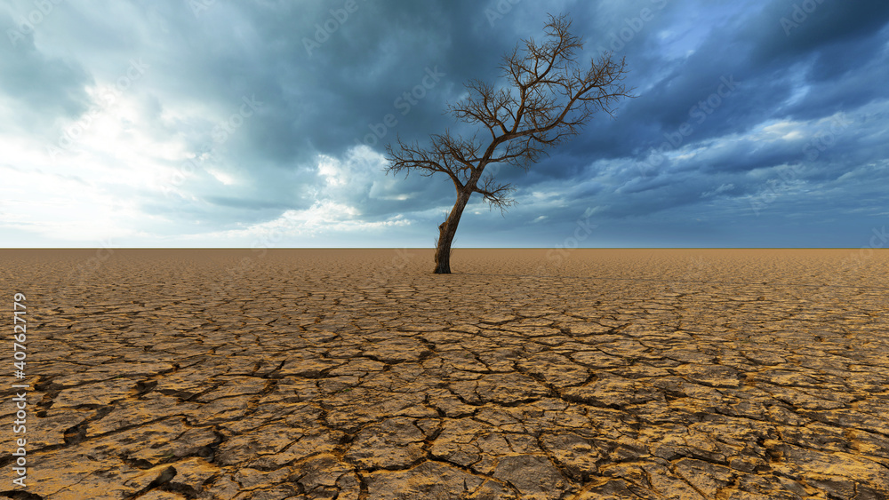Concept or conceptual desert landscape with a parched tree as a metaphor for global warming and climate change. A warning for the need to protect our environment and future 3d illustration