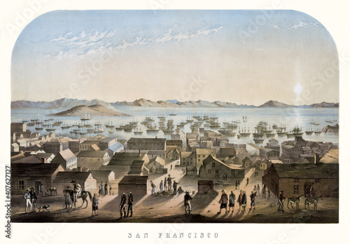 Old San Francisco, California, and sun rising on the bay over the horizon. Highly detailed vintage style color illustration by Marryat author, London., 1850 photo