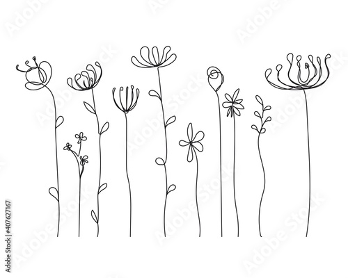 Continuous Line Drawing Set Of Plants Black Sketch of Flowers Isolated on White Background. Leaves and Flowers One Line Illustration. Vector EPS 10.