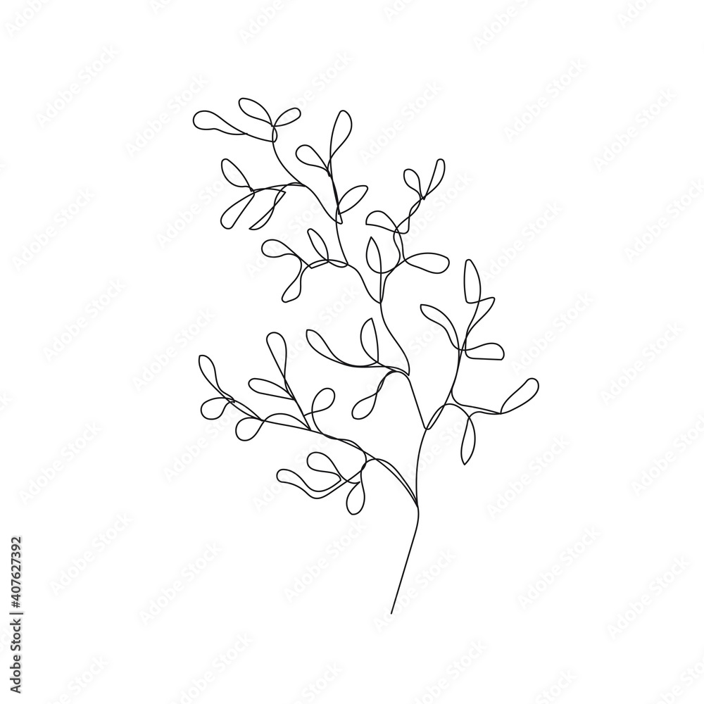 Leaves Branch Single Line Drawing. Continuous Line Drawing of Simple Flower Minimalist Style. Abstract Contemporary Design Template for Covers, t-Shirt Print, Postcard, Banner etc. Vector EPS 10.