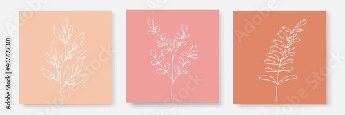 One Line Drawing Vector Leaves Prints Set. Botanical Poster. Modern Single Line Art, Aesthetic Contour. Perfect for Home Decor, Wall Art Posters, or t-shirt Print, Mobile Case. Continuous Line Drawing