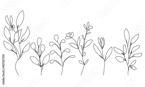 Flowers Set Continuous Line Drawing.  Set Of Plants Black Sketch Isolated on White Background. Leaves and Flowers One Line Illustration for Modern Botanical Design  Prints  Wall Decor. Vector EPS 10.