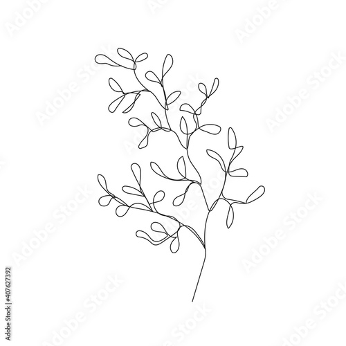 Fototapeta Naklejka Na Ścianę i Meble -  Leaves Branch Single Line Drawing. Continuous Line Drawing of Simple Flower Minimalist Style. Abstract Contemporary Design Template for Covers, t-Shirt Print, Postcard, Banner etc. Vector EPS 10.