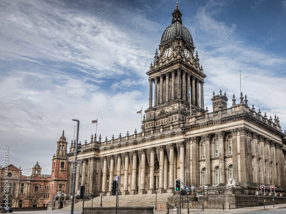 Leeds Town Hall, old building in the middle of Leeds city centre in Yorkshire, the north of England, United Kingdom. 