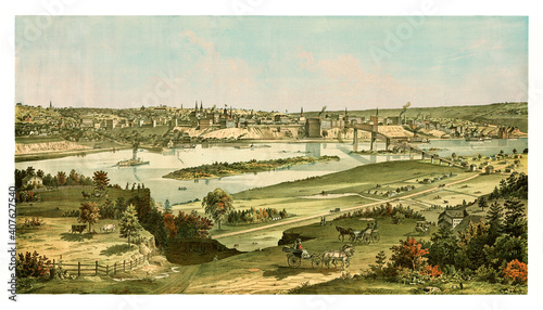 Saint Paul city, Minnesota, in the distance from the countryside on opposite shore of Mississippi river. Highly detailed vintage style color illustration by Green and Veron, U.S., 1874