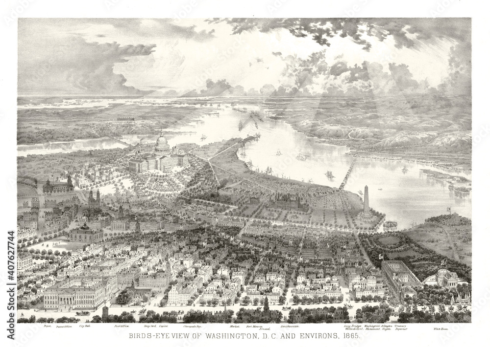 Old huge aerial view of Washington D.C. and vast lands over the horizon. Highly detailed vintage style gray tone illustration by unidentified author, U.S., 1865