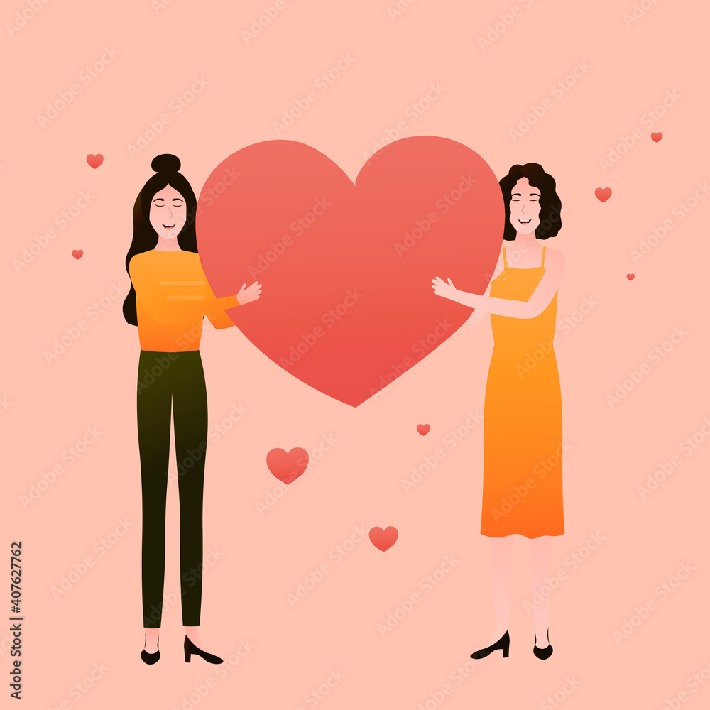 happy women holding giant heart, valentine card, romantic relationships, lgbt couple, concept of equality and diversity happy women holding giant heart, valentine card, romantic relationships, lgbt couple, concept of equality and diversity
