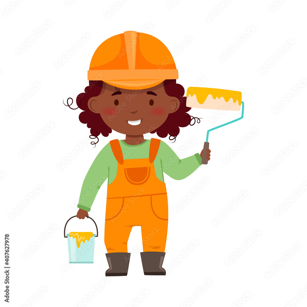 Smiling African American Girl Builder in Hard Hat and Overall Holding Paint Roller and Bucket Vector Illustration