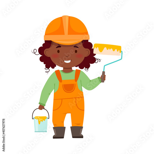 Smiling African American Girl Builder in Hard Hat and Overall Holding Paint Roller and Bucket Vector Illustration © Happypictures