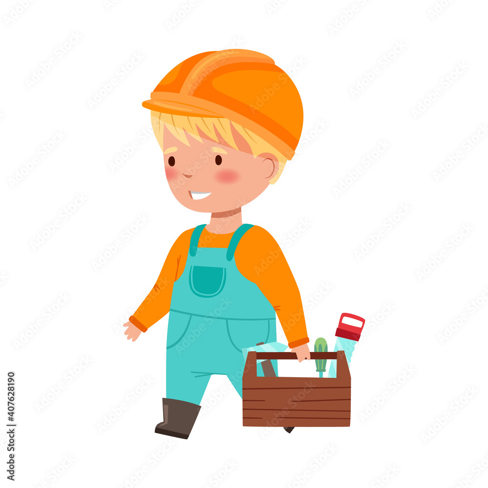 Funny Boy Builder in Hard Hat and Overall Carrying Box with Tools Vector Illustration Funny Boy Builder in Hard Hat and Overall Carrying Box with Tools Vector Illustration