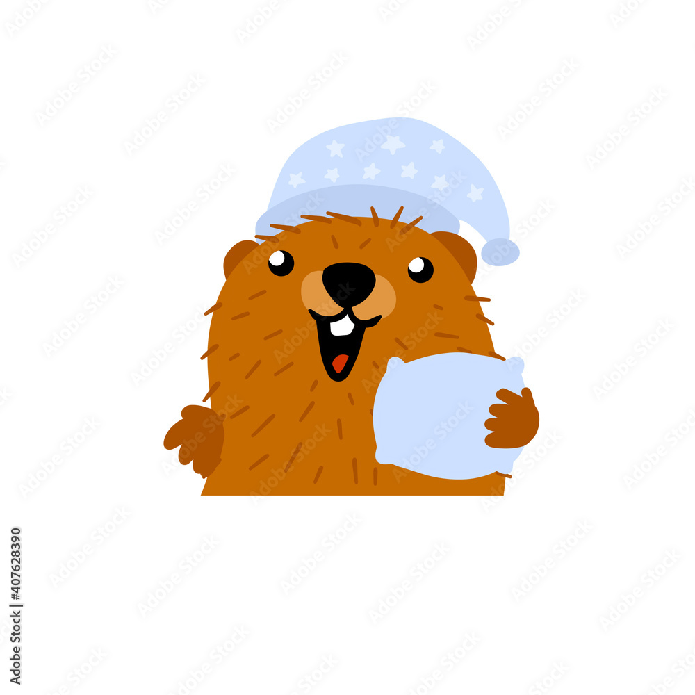 Groundhog Day. Cute marmot in sleep cap and pillow. Cute character of  February holiday. Forest Animals rodent with brown skin. Flat cartoon  illustration Stock Vector | Adobe Stock
