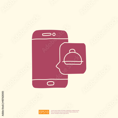 food delivery service on smartphone screen icon. food shopping from home concept with silhouette doodle style vector illustration