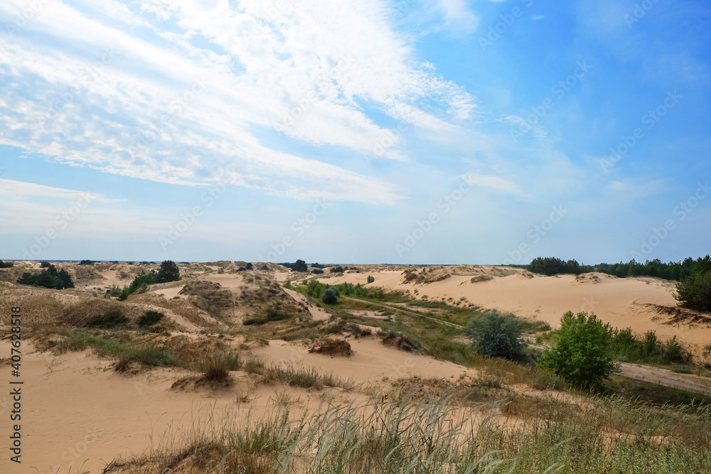 Picturesque landscape of desert with green grass and blue sky