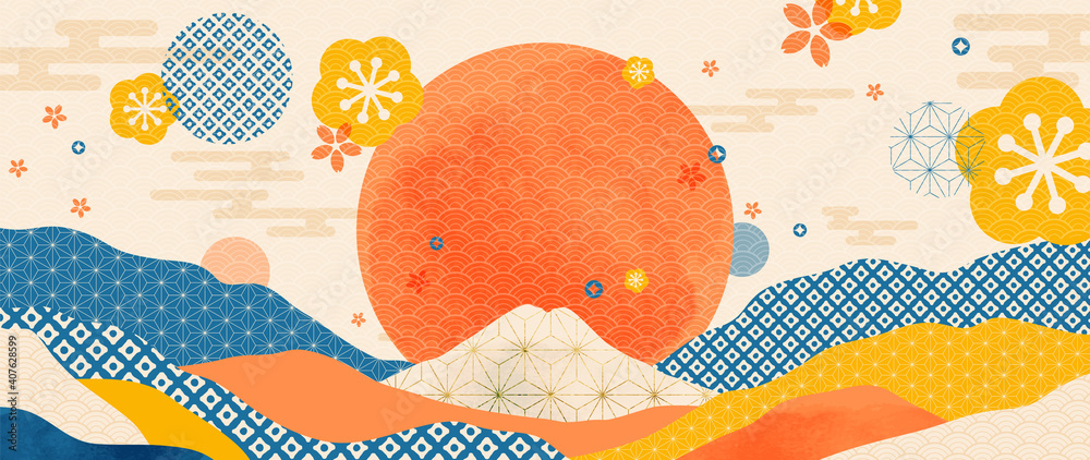 Mountain and gold landscape wall arts vector. Japanese oriental style abstract arts with gold texture design for wall framed prints, canvas prints, poster, home decor, cover, luxury wallpaper. 