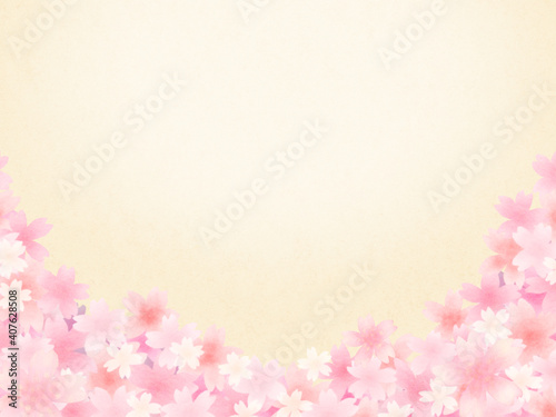 ピンク色の満開桜 ベージュ背景