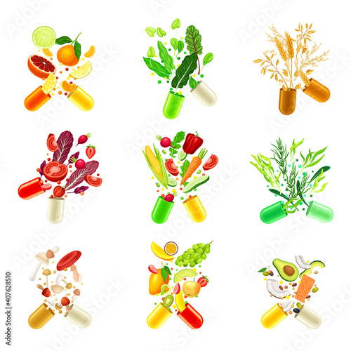 Open Hard-shelled Capsule with Fruit and Vegetables as Vitamins and Supplements Vector Set