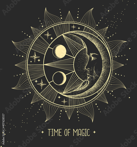 Modern magic witchcraft card with astrology sun and moon sign with human face. Day and nignt.