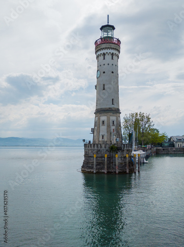 The Lindau Lighthouse, Germany's southermost lighthouse, at the entrace in the harbour of Lindau, on Lake Bodensee (Lake Constance) 