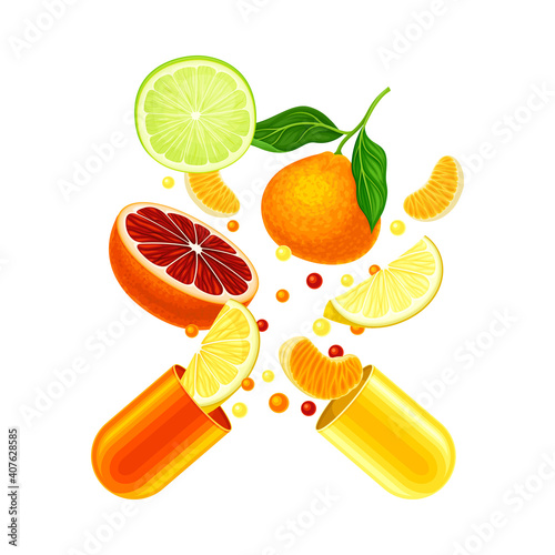 Open Hard-shelled Capsule with Citrus Fruits as Vitamins and Supplement Vector Illustration