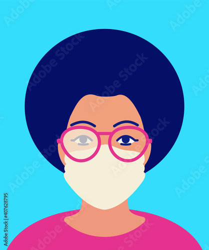 African woman in foggy glasses and in protective facial mask. Concept of condensation problem on glass when wearing mask in cold time. Vector flat illustration on blue background. Anti-fog solution.