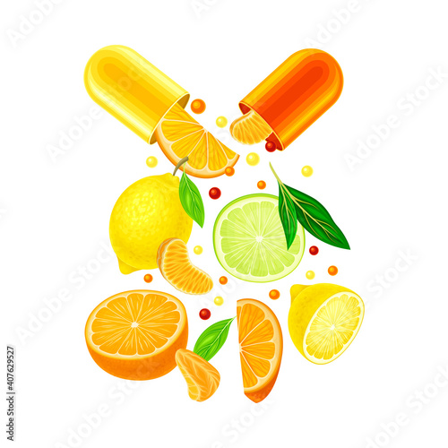Open Hard-shelled Capsule with Citrus Fruits as Vitamins and Supplement Vector Illustration