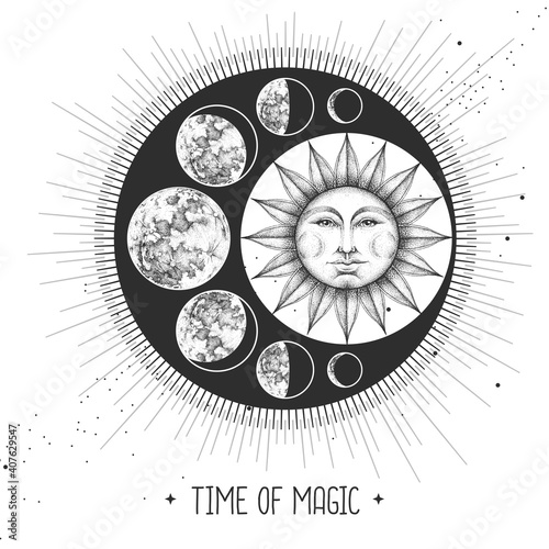 Modern magic witchcraft card with astrology sun and moon sign with human face. Day and nignt.