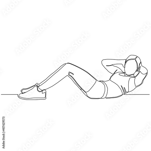 Continuous line of woman sit up. exercise vector.