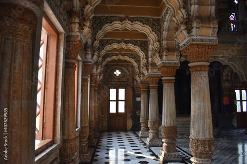 Beautiful Interior corridor of Temple at Mahadji Shinde Chatri, Mahadevrao Shinde built the complex. Wanawadi, Pune Maharashtra
