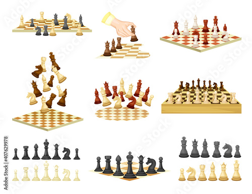 Chess as Strategy Board Game with Chessboard and Chess Pieces Vector Set Fototapete