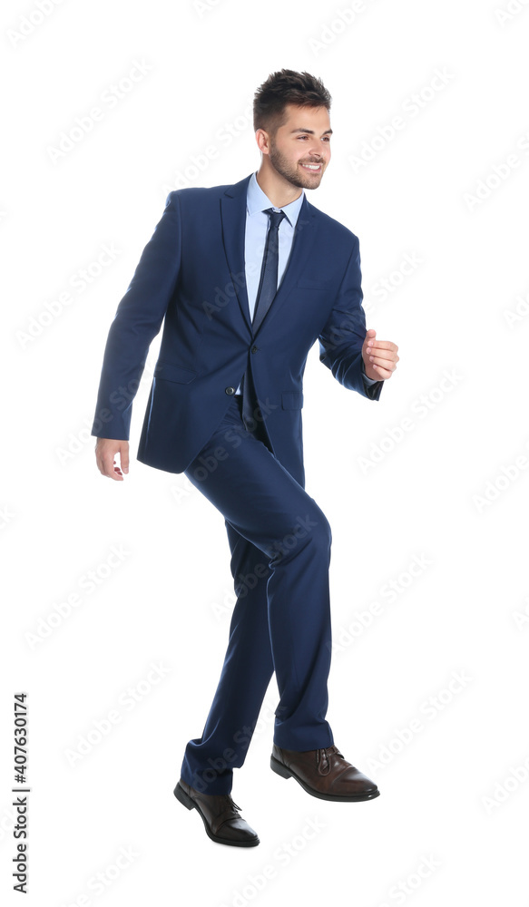 Businessman walking on white background. Career ladder Businessman walking on white background. Career ladder