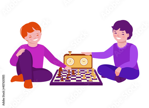 Two boys are playing chess. They sit on the floor. Vector illustration in flat cartoon style.