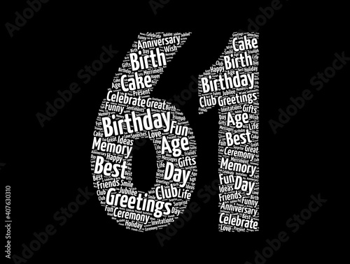 Happy 61st birthday word cloud, holiday concept background