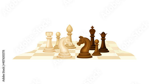 Chessboard with Chess Pieces as Chess or Strategy Board Game Vector Illustration