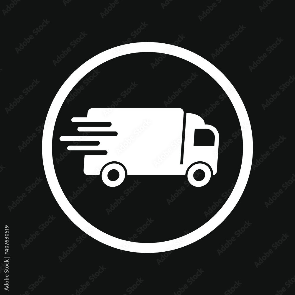 Delivery truck vector icon. Fast moving transport service car symbol. Speed shipping sign. Logistic logo. Silhouette isolated on white background.