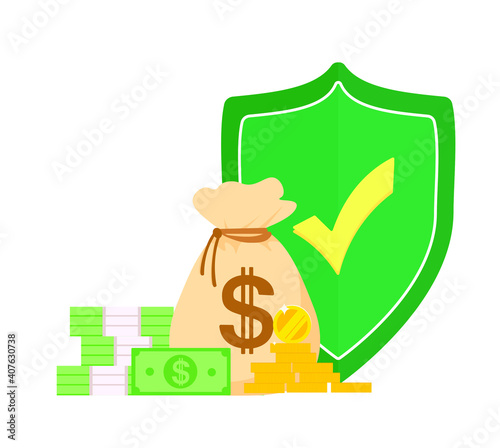 Save money dollar coins banknotes.The concept of cash protection with the image of the shield Concept of the site, page, presentation.vector illustration in the flat style on an isolated background.se