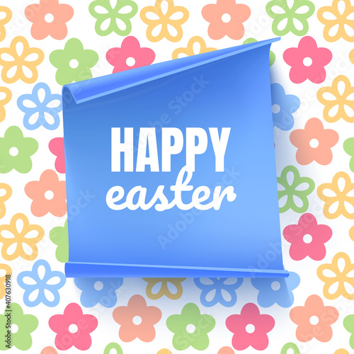 Easter layout, background with colorful flowers on white background. Christian holiday banner or invitation with place for text. Cute spring card template