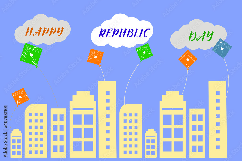 Republic day of India background Celebration, 26 January India Republic Day background with cartoon colorful buildings and kites .Suitable for greeting card, poster and banner.
