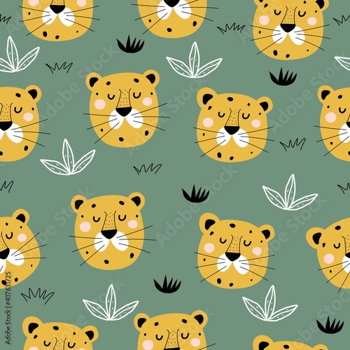 seamless pattern with cartoon leopards, plant, decor elements. Colorful vector flat style for kids. Animals. hand drawing. baby design for fabric, print, wrapper, textile