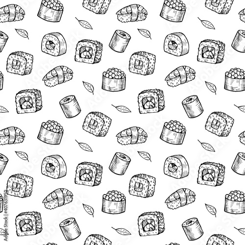 Seamless pattern from sketches of sushi and rolls.