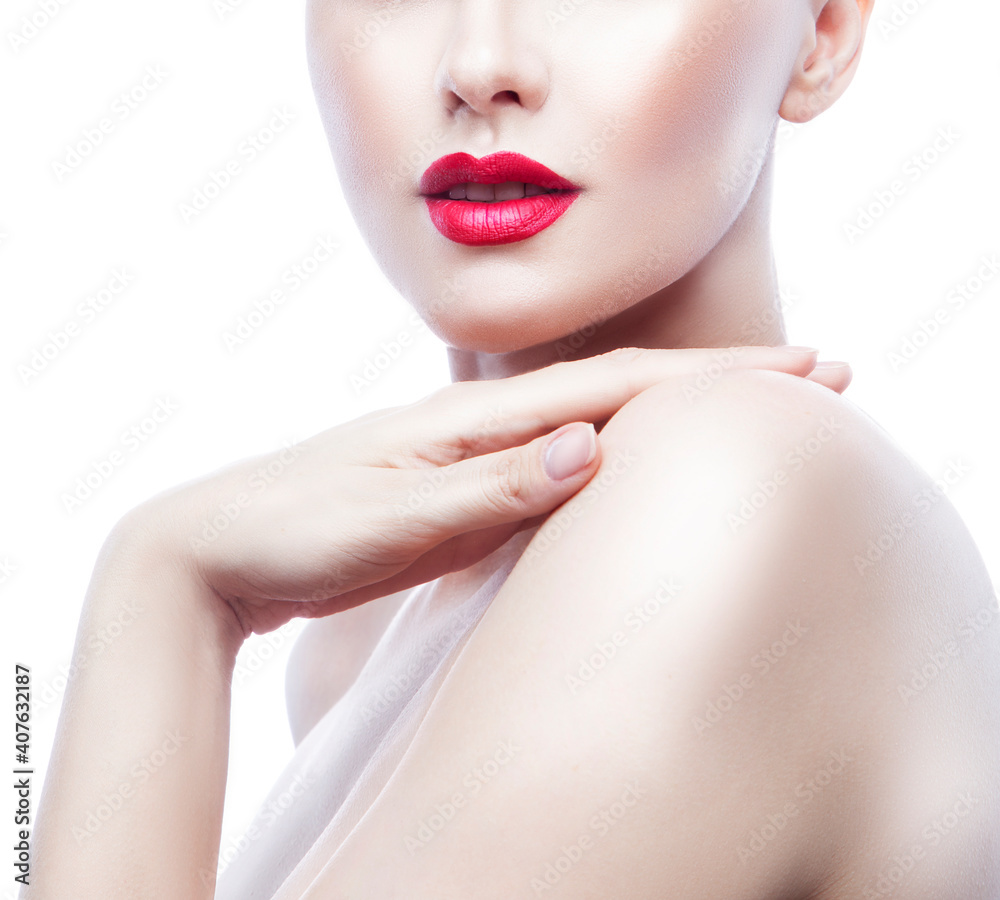 Red Lips, shoulder. Beauty part of face, hand near face with nail manicure of model girl. Perfect clean fresh skin, bright make-up. Skincare facial treatment female health concept Red Lips, shoulder. Beauty part of face, hand near face with nail manicure of model girl. Perfect clean fresh skin, bright make-up. Skincare facial treatment female health concept