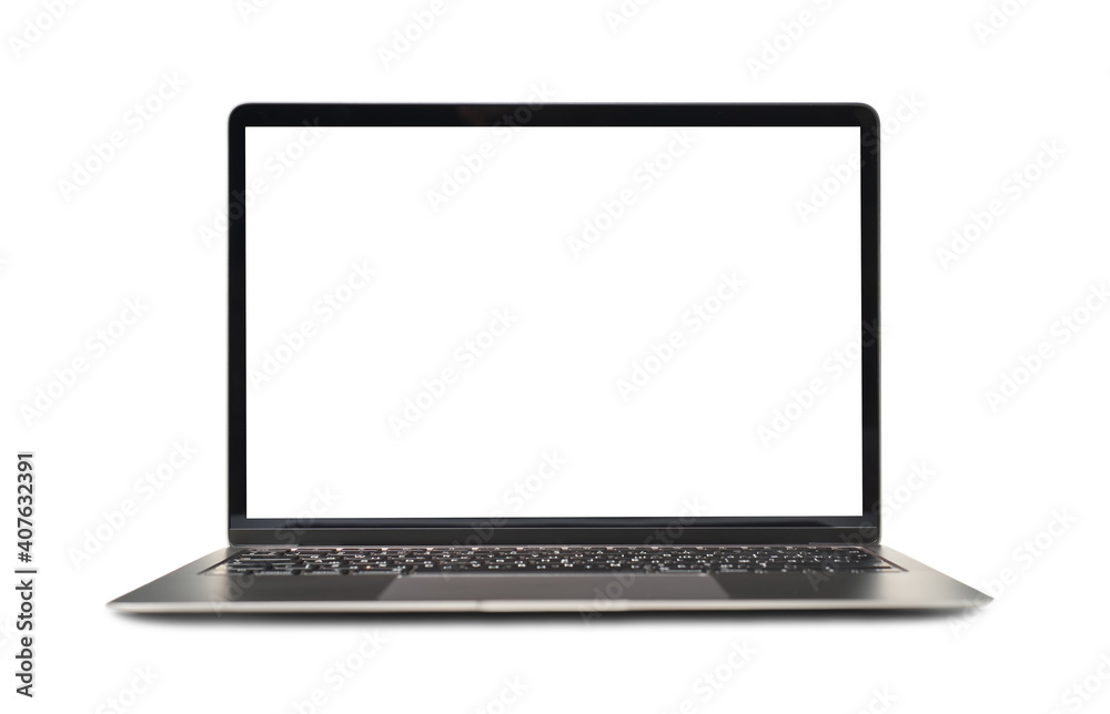 Mock up of modern laptop with white empty screen on white background stock photo Mock up of modern laptop with white empty screen on white background stock photo