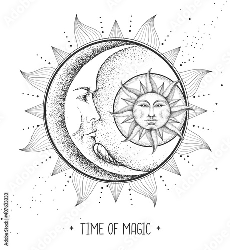 Modern magic witchcraft card with astrology sun and moon sign with human face. Day and nignt. Realistic hand drawing illustration of sun and moon with human face